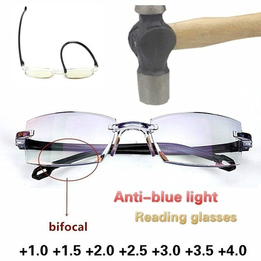 2022 New Men Women Rimless Reading Glasses Anti Blue Light Bifocal Far