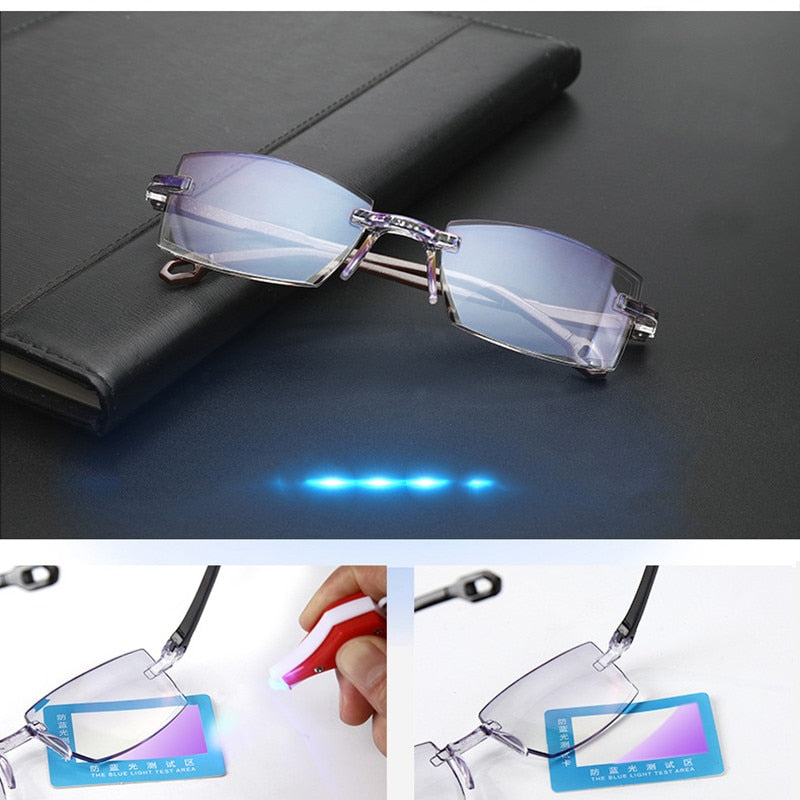 2022 New Men Women Rimless Reading Glasses Anti Blue Light Bifocal Far