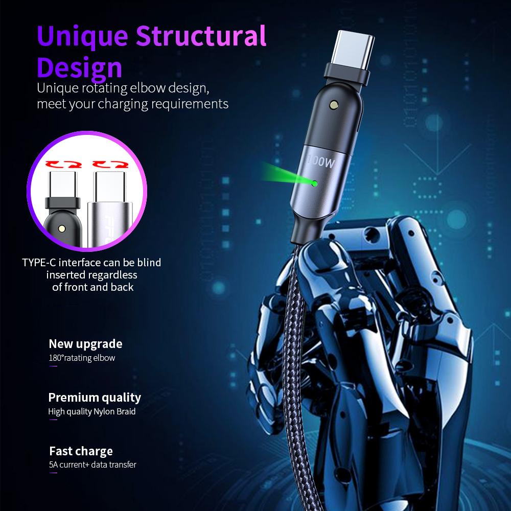 180 Degree PD-60W/100W 3A/5A Fast Charging Data Cable-dual Type-c Head