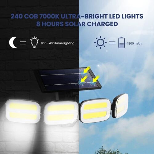 4 Head Adjustable Security Solar Sensor Lights Outdoor, 240 COB Solar