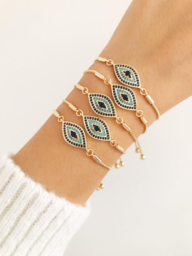 Gold Adjustable Bracelet, Evil Eye Bracelet, Greek Jewelry