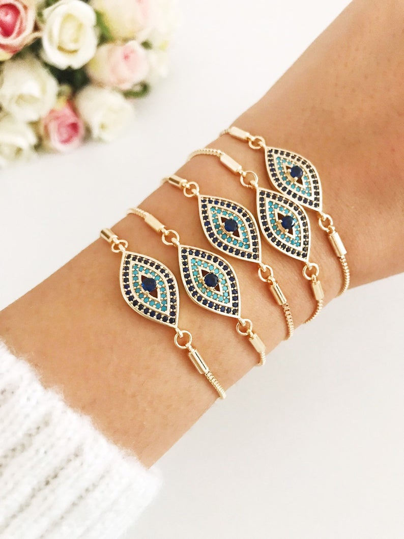 Gold Adjustable Bracelet, Evil Eye Bracelet, Greek Jewelry
