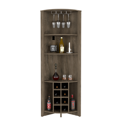 Corner Bar Cabinet  Castle, Three Shelves, Eight Wine Cubbies, Dark