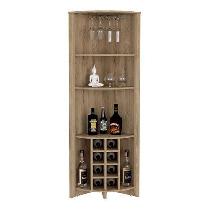 Corner Bar Cabinet  Castle, Three Shelves, Eight Wine Cubbies, Aged