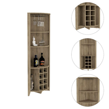 Corner Bar Cabinet  Castle, Three Shelves, Eight Wine Cubbies, Aged