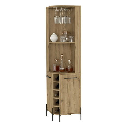 Corner Bar Cabinet Shopron, Two Shelves, Five Wine Cubbies, Aged Oak